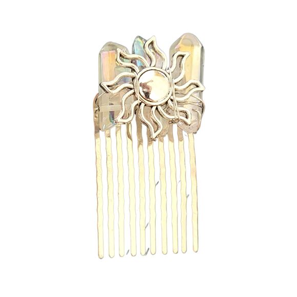 Bohemian Hair Comb Natural Quartz Crystals Solar Design Sunshine Silver Alloy - Picture 1 of 3